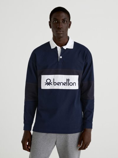 Men's Benetton Organic Cotton Rugby Long Sleeve Polos Dark Blue | NZ734500
