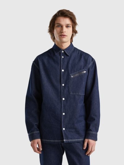 Men's Benetton Oversized Chambray Shirts Dark Blue | NZ352361