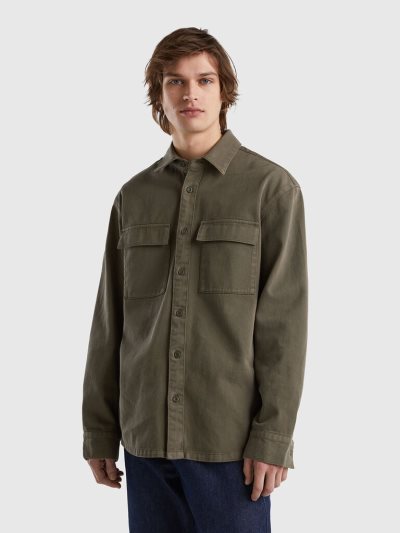 Men's Benetton Oversized Pockets Shirts Military Green | NZ088273