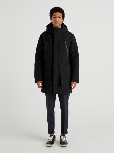 Men's Benetton Padded "Rain Defender" Parka Coats Black | NZ923811