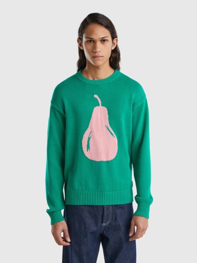 Men's Benetton Pear Inlay Crew Neck Sweaters Green | NZ626078