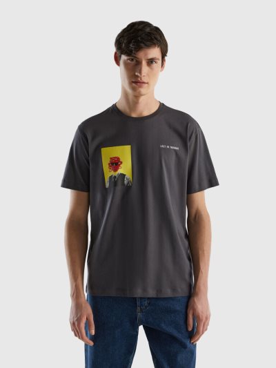 Men's Benetton Photo Print Short Sleeve T-shirts Dark Grey | NZ537583