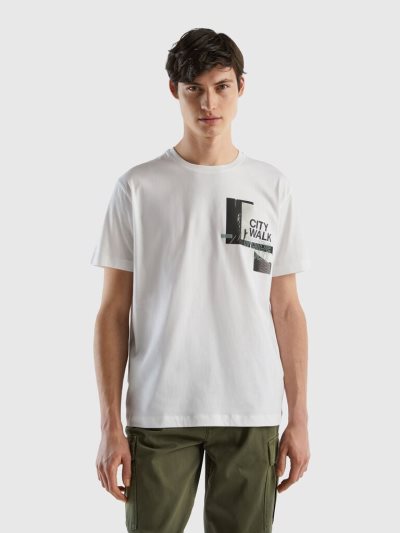 Men's Benetton Photo Print Short Sleeve T-shirts White | NZ711657