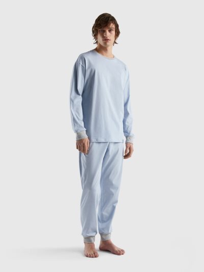 Men's Benetton Pouch 100% Cotton Pyjamas Sky Blue | NZ190564