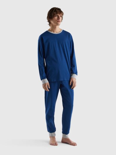 Men's Benetton Pouch 100% Cotton Pyjamas Dark Blue | NZ394886