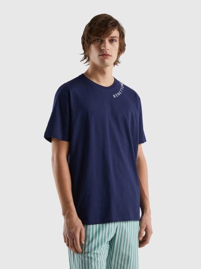 Men's Benetton Print On The Crew Neck Shirts Dark Blue | NZ492339