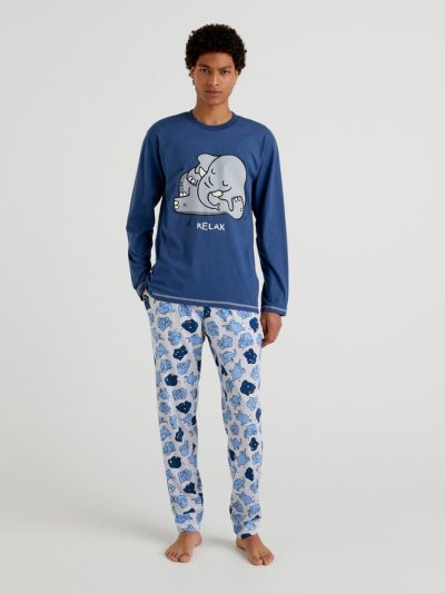 Men's Benetton Print Warm Cotton Pyjamas Dark Blue | NZ841926