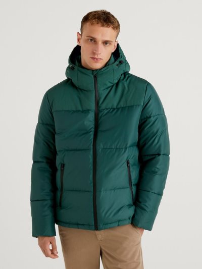 Men's Benetton Puffer Hood Padded Jackets Dark Green | NZ142104