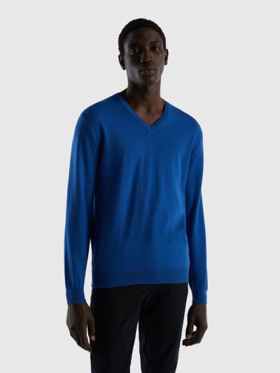 Men's Benetton Pure Cotton V-neck Sweaters Bright Blue | NZ021669