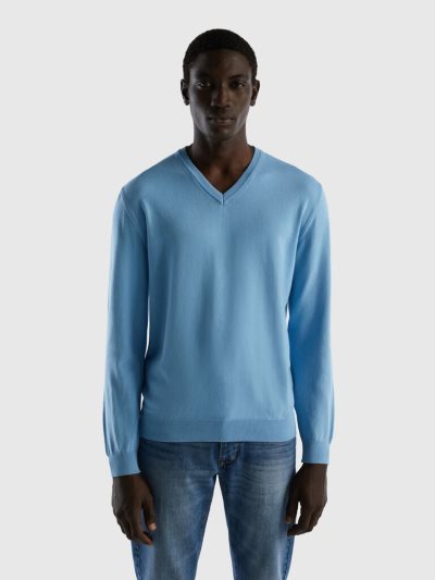 Men's Benetton Pure Cotton V-neck Sweaters Light Blue | NZ119658