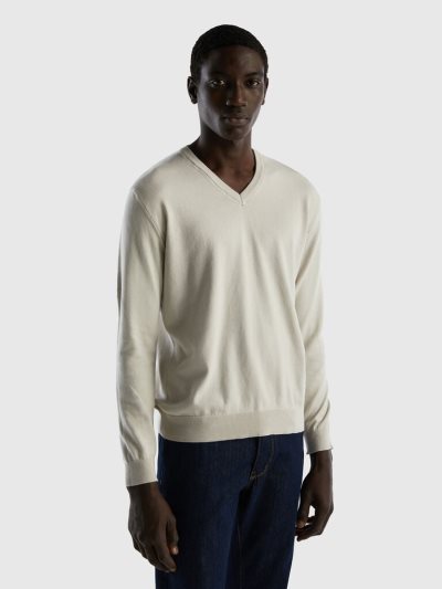 Men's Benetton Pure Cotton V-neck Sweaters White | NZ231797