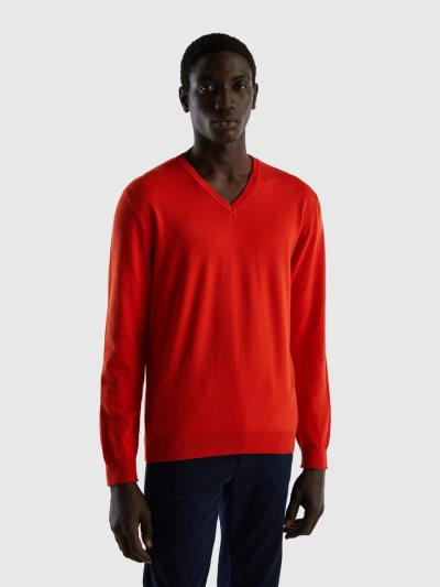 Men's Benetton Pure Cotton V-neck Sweaters Red | NZ290669