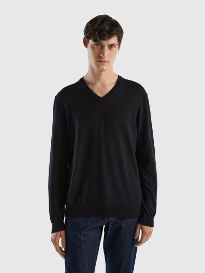 Men's Benetton Pure Cotton V-neck Sweaters Black | NZ421505