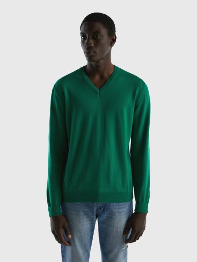 Men's Benetton Pure Cotton V-neck Sweaters Dark Green | NZ627489