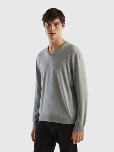 Men's Benetton Pure Cotton V-neck Sweaters Light Grey | NZ745836