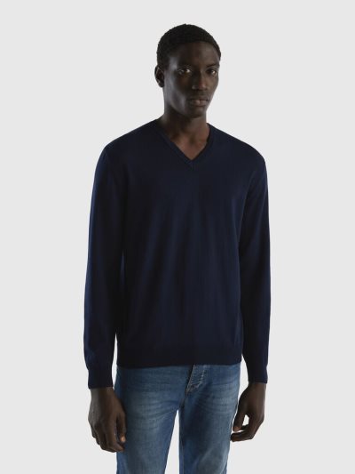 Men's Benetton Pure Cotton V-neck Sweaters Dark Blue | NZ867067