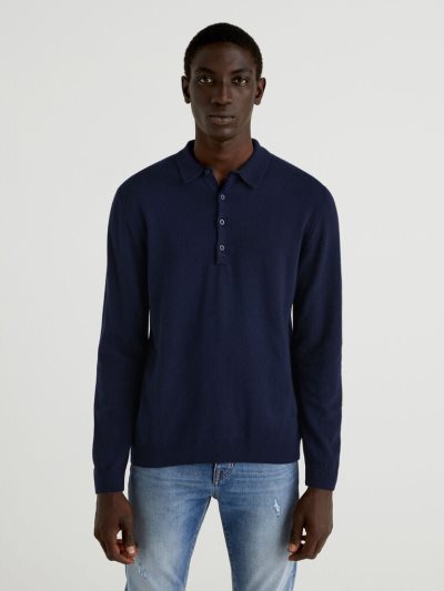Men's Benetton Pure Merino Wool Long Sleeve Polos Dark Blue | NZ011663