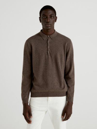 Men's Benetton Pure Merino Wool Long Sleeve Polos Brown | NZ867631