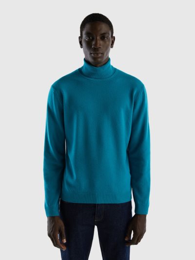 Men's Benetton Pure Merino Wool Turtleneck High Neck Sweaters Teal | NZ016487