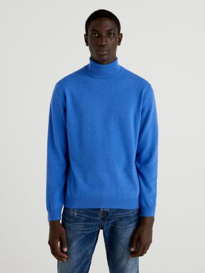 Men's Benetton Pure Merino Wool Turtleneck High Neck Sweaters Light Blue | NZ050414