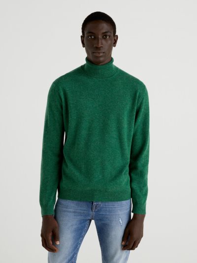 Men's Benetton Pure Merino Wool Turtleneck High Neck Sweaters Dark Green | NZ085186