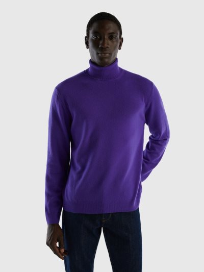 Men's Benetton Pure Merino Wool Turtleneck High Neck Sweaters Deep Blue | NZ087031