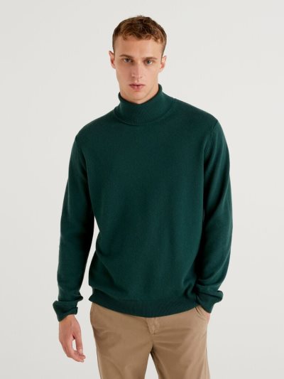 Men's Benetton Pure Merino Wool Turtleneck High Neck Sweaters Teal | NZ155912
