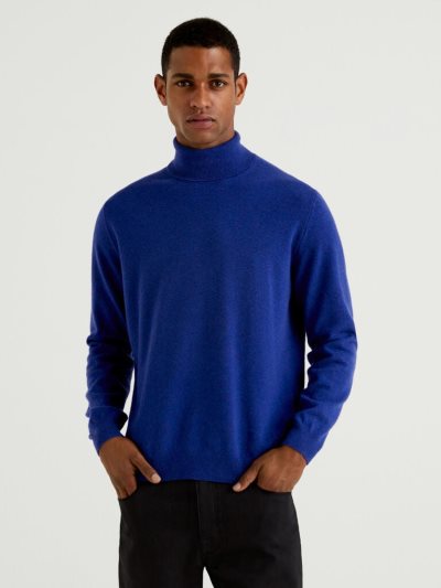 Men's Benetton Pure Merino Wool Turtleneck High Neck Sweaters Blue | NZ393033