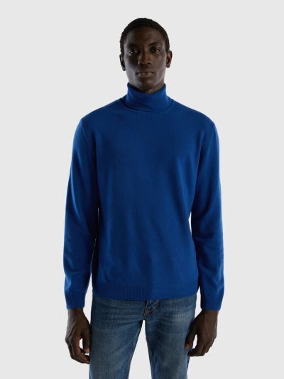 Men's Benetton Pure Merino Wool Turtleneck High Neck Sweaters Dark Blue | NZ416488