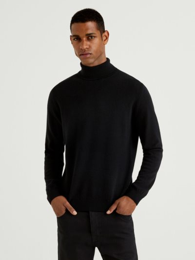 Men's Benetton Pure Merino Wool Turtleneck High Neck Sweaters Black | NZ418662