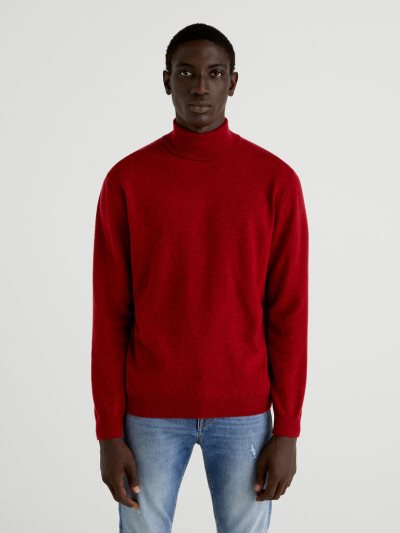 Men's Benetton Pure Merino Wool Turtleneck High Neck Sweaters Burgundy | NZ583519