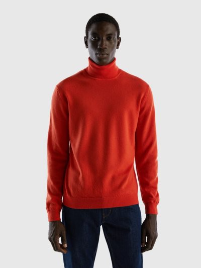 Men's Benetton Pure Merino Wool Turtleneck High Neck Sweaters Red | NZ824911