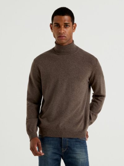 Men's Benetton Pure Merino Wool Turtleneck High Neck Sweaters Brown | NZ932420