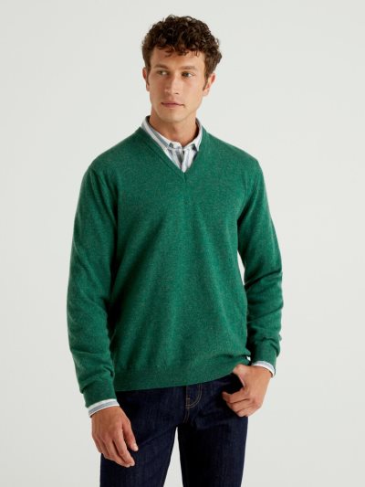 Men's Benetton Pure Merino Wool V-neck Sweaters Dark Green | NZ120890