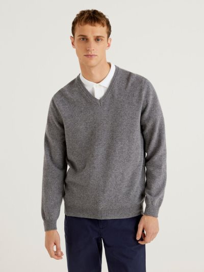 Men's Benetton Pure Merino Wool V-neck Sweaters Dark Grey | NZ259389