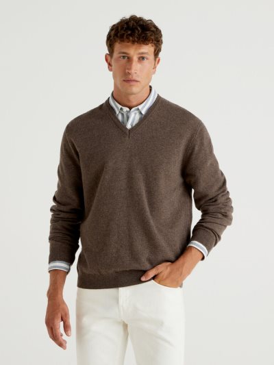 Men's Benetton Pure Merino Wool V-neck Sweaters Brown | NZ582553