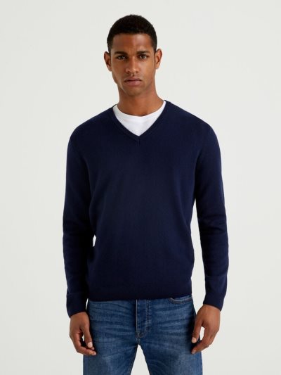 Men's Benetton Pure Merino Wool V-neck Sweaters Dark Blue | NZ747020