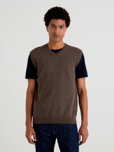 Men's Benetton Pure Merino Wool Vest Brown | NZ297220