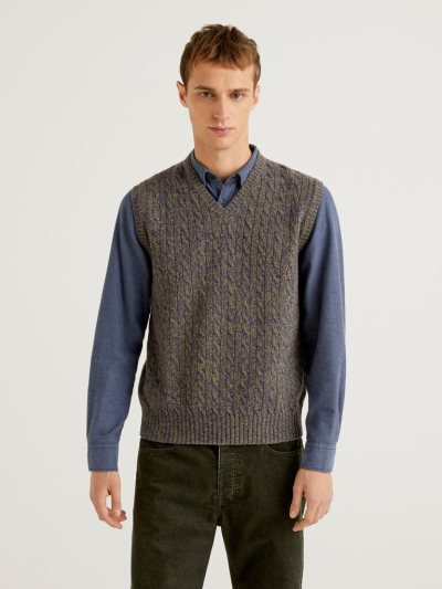Men's Benetton Pure Shetland Wool Vest Dark Grey | NZ835761