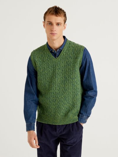 Men's Benetton Pure Shetland Wool Vest Green | NZ783268