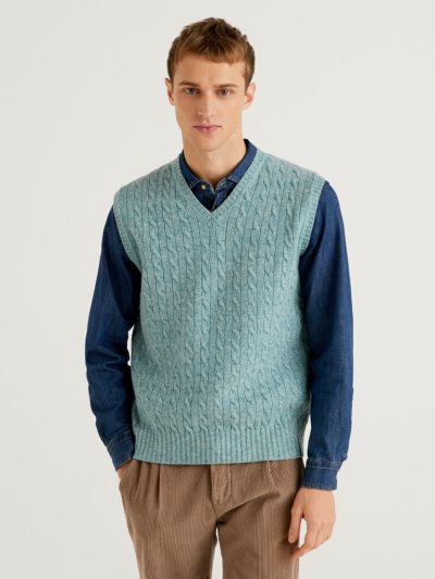 Men's Benetton Pure Shetland Wool Vest Sky Blue | NZ400765