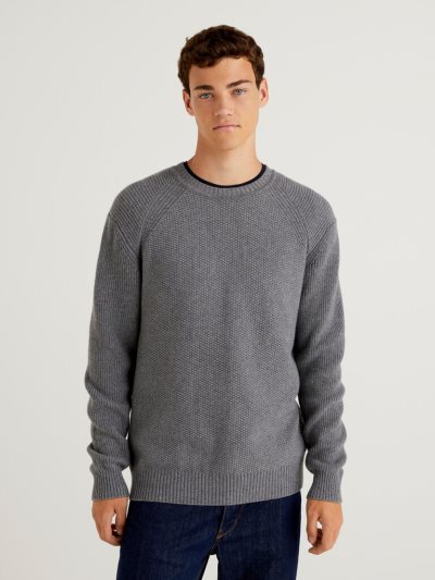 Men's Benetton Recycled Wool Blend Crew Neck Sweaters Dark Grey | NZ167063
