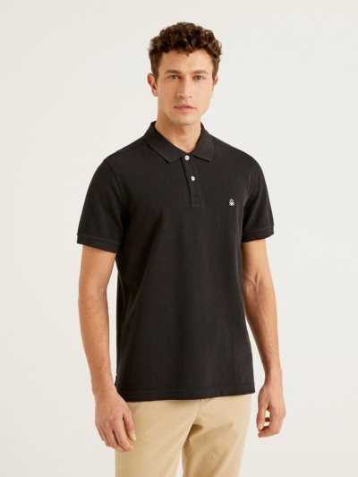 Men's Benetton Regular Fit Short Sleeve Polos Black | NZ936329