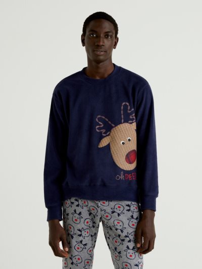Men's Benetton Reindeer Print Fleece Tops Dark Blue | NZ986119