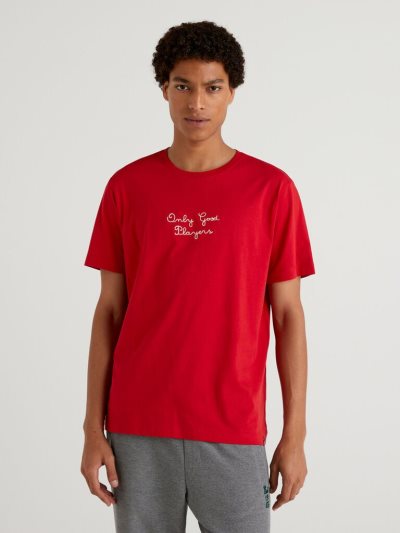 Men's Benetton Relaxed Fit Embroidery Short Sleeve T-shirts Red | NZ821245