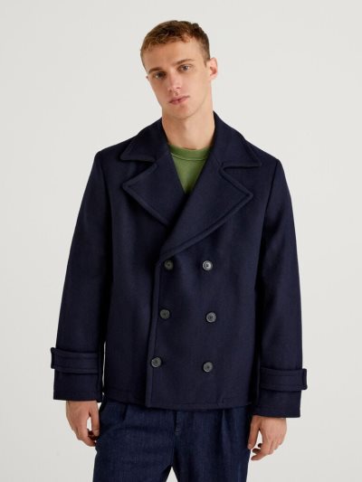 Men's Benetton Short Double-breasted Coats Dark Blue | NZ491092