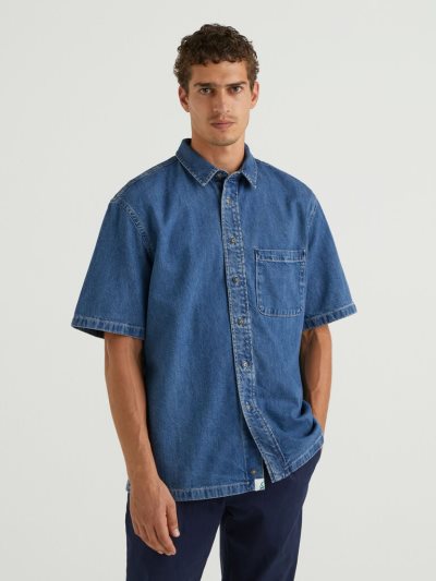 Men's Benetton Short Sleeve Denim Shirts Blue | NZ671554