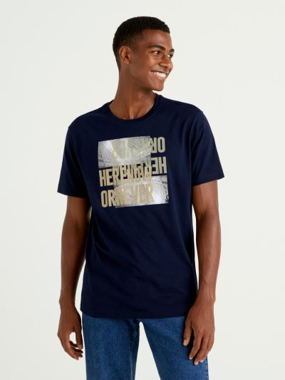 Men's Benetton Short Sleeve Slogan Print Short Sleeve T-shirts Dark Blue | NZ870779