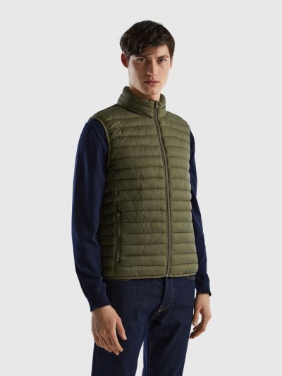Men's Benetton Sleeveless Puffer Recycled Wadding Vest Green | NZ275696