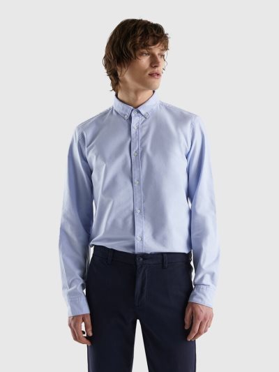 Men's Benetton Slim Fit 100% Cotton Shirts Light Blue | NZ519148